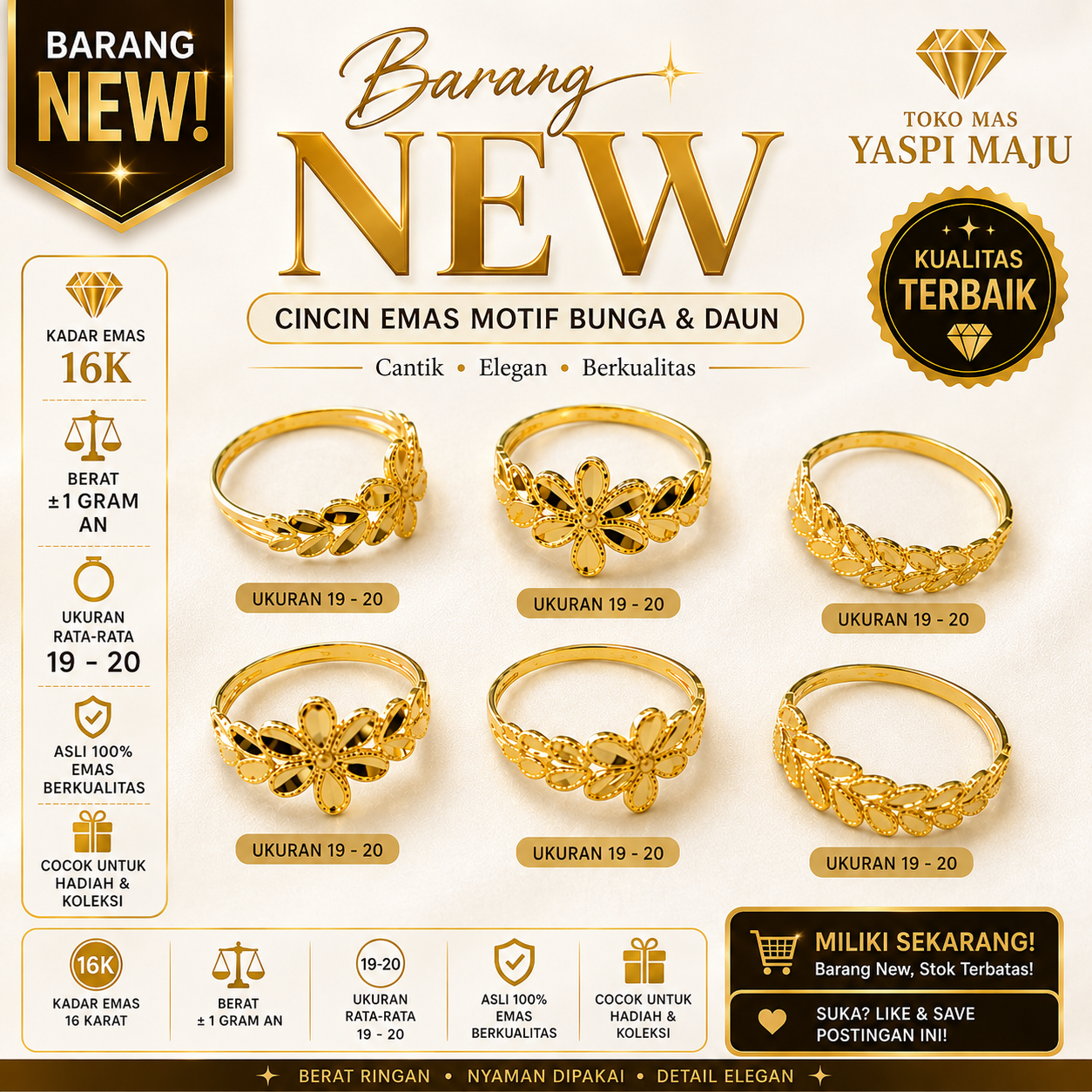 (Produk Baru) Cincin Ukir Daun Dan Bunga